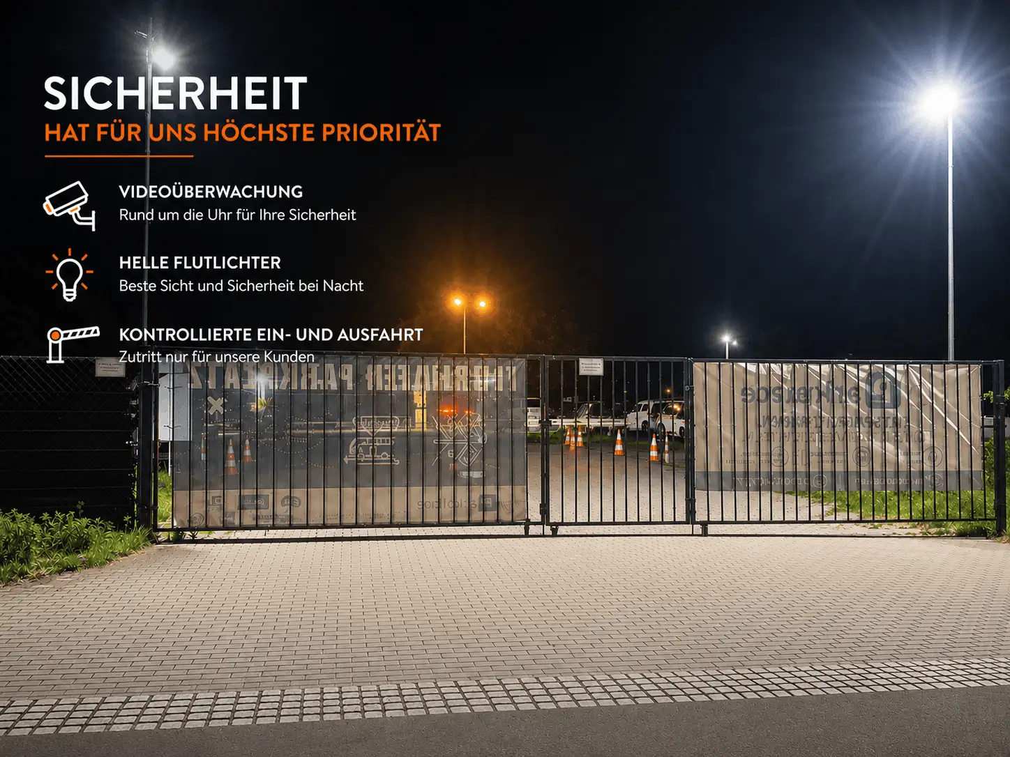 Sicherer Parkplatz von myParkplace am Flughafen BER mit Videoüberwachung, Flutlichtanlage und kontrollierter Ein- und Ausfahrt.