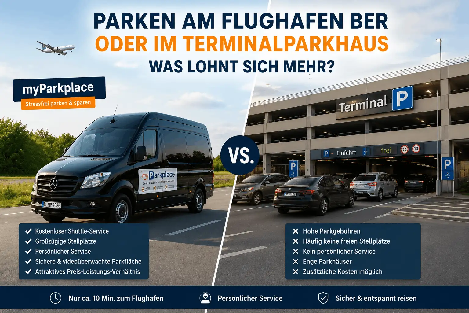 Parken am Flughafen BER: Vergleich zwischen myParkplace Shuttle-Parkplatz und Terminalparkhaus.