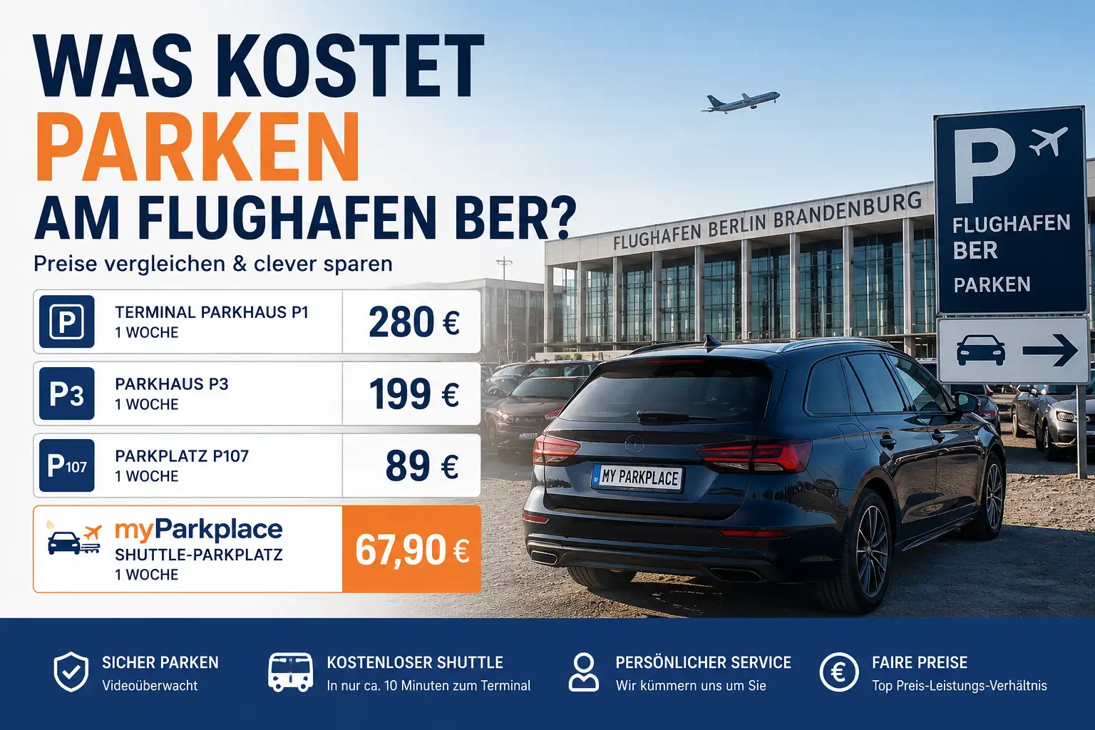 Preisvergleich für Parken am Flughafen BER – Vergleich zwischen Terminalparkhaus und Shuttle-Parkplatz von myParkplace