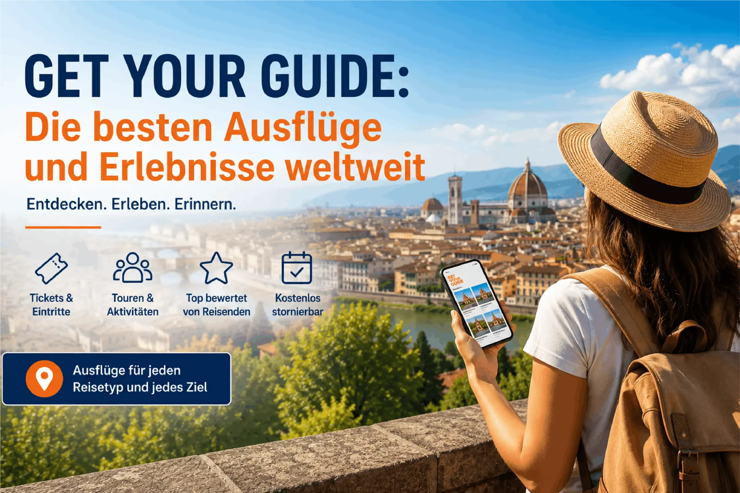 Titelbild zum Magazinartikel über GetYourGuide mit Reisender, Stadtpanorama und Tipps für Ausflüge und Erlebnisse weltweit.