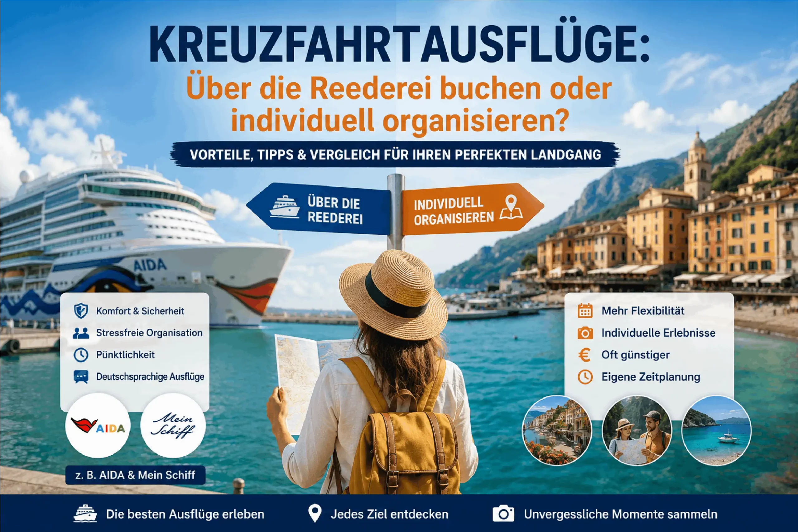 Titelbild zum Magazinartikel über Kreuzfahrtausflüge mit Kreuzfahrtschiff, Hafenstadt und Vergleich zwischen Ausflügen über die Reederei und individuell organisierten Touren.