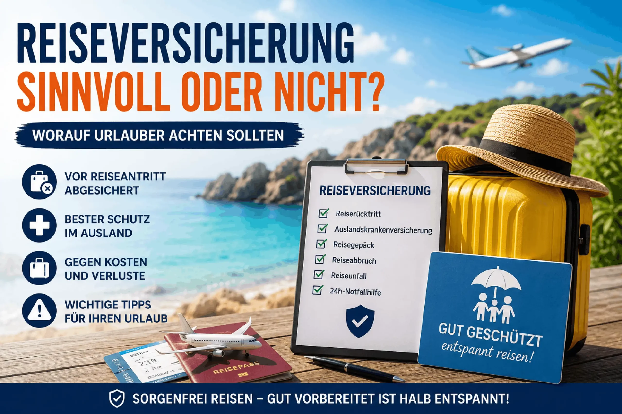 Titelbild zum Magazinartikel über Reiseversicherungen mit Koffer, Reisepass, Strandkulisse und den wichtigsten Versicherungen für den Urlaub.